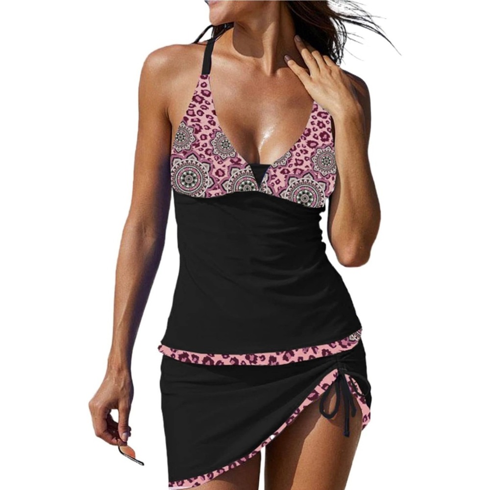 Evaless One Piece Printed Swimsuit‎ Tankini Top with Drawstring Skirt Swimwear